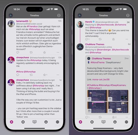 iPhone screenshots of Mona App for Mastodon custom theme called ‘Platinum’: Featuring Platinum (light grey-ish) background, very dark greyish header, Dark pink accent & links