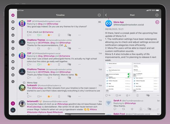 iPad screenshot of Mona App for Mastodon custom theme called ‘Platinum’: Featuring Platinum (light grey-ish) background, very dark greyish header, Dark pink accent & links