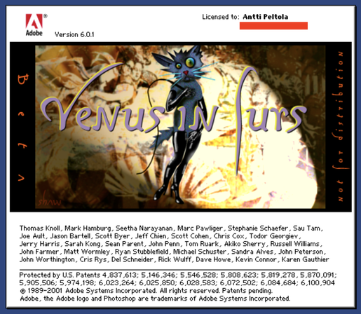 Adobe Photoshop 6.01 About Box on Mac OS 8.6 with Venus in Furs easter egg shown.