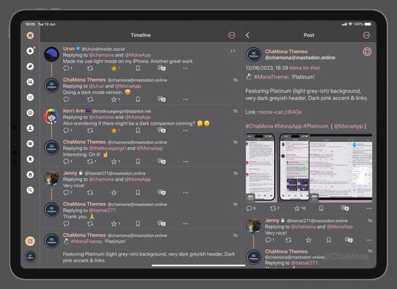 iPad screenshot of Mona App for Mastodon custom theme called ‘Platinum Dark’: Featuring dark greyish background, Platinum (light grey-ish) Text, Metallic Pink for links, Deep Peach for accent & usernames.