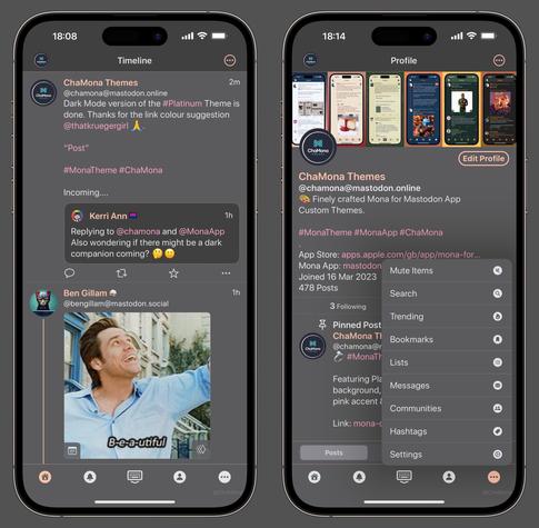 iPhone screenshots of Mona App for Mastodon custom theme called ‘Platinum Dark’: Featuring dark greyish background, Platinum (light grey-ish) Text, Metallic Pink for links, Deep Peach for accent & usernames.