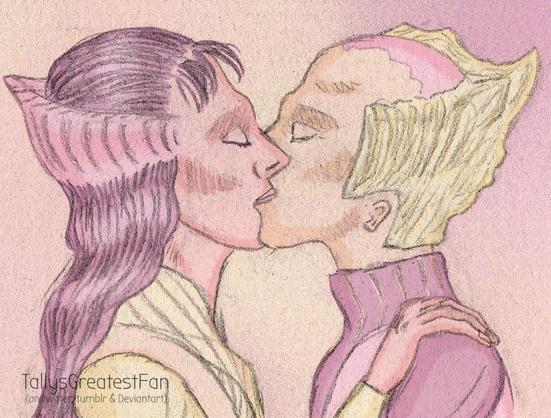 Digitally colorized pencil drawing of Delenn and Lennier (Babylon 5) kissing, depicted up to the shoulder. It is in warm, pale colors of red orange and yellow