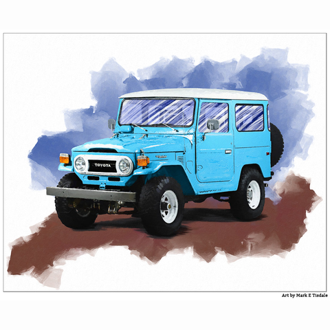 Digital art painting of a Toyota Land Cruiser FJ40 - light blue with a white top - the background is blue and brown that suggests earth and sky.