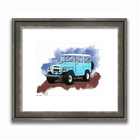Framed print of a digital art painting depicting a light blue classic Toyota Land Cruiser FJ40