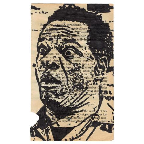 Pen drawing of John Witherspoon looking surprised and irritated drawn on a torn-out book page.