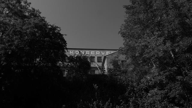 SW - Zwischen hohen Bäumen und Büschen das alte Fabrikbacksteingebäude mit einem noch erkennbaren Schriftzug "Konserve" .