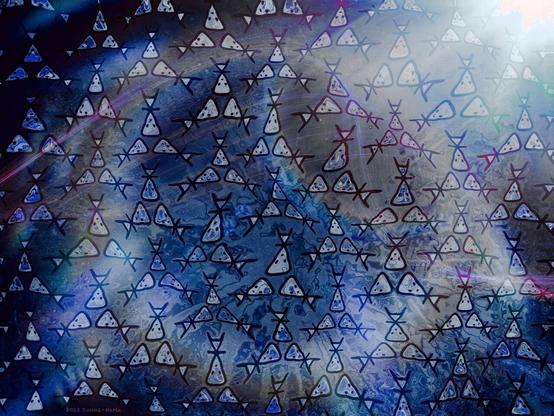 Stick figure aliens drifting in a warping nebulous cosmos