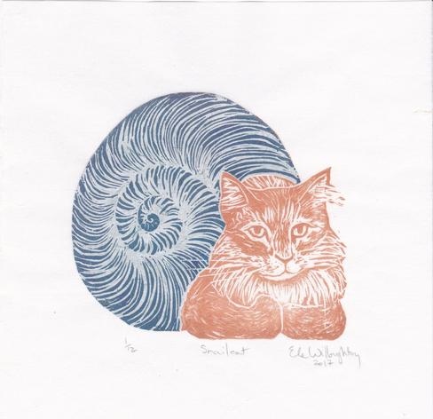 Handprinted on Japanese washi papers, the Snailcat is a marmalade cat with a blue-gray snail shell. Each print is 8" x 8" or 20.3 cm by 20.3 cm. The snail shell spiral is printed on chine-collé (or collaged) pale blue paper with blue fibre inclusions.