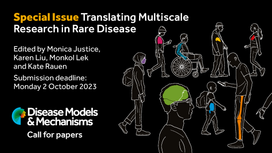 DMM Special Issue call for papers poster with cartoons of diverse patients.
The title of the Special Issue is Translating Multiscale Research in Rare Disease and the submission deadline is Monday 2 October 2023