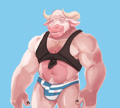 Asterion from Minotaur Hotel wearing a speedo and tied up tank top. [
