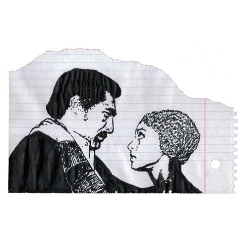 Pen drawing of William Marshall as Blacula with blood dripping from his chin being embraced by Vonetta McGee looking concerned, drawn on a torn notebook page.