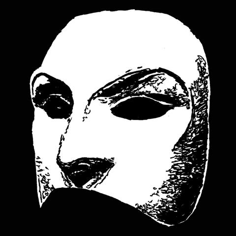 Pen drawing of a featureless mask from the nose up drawn on a black background.