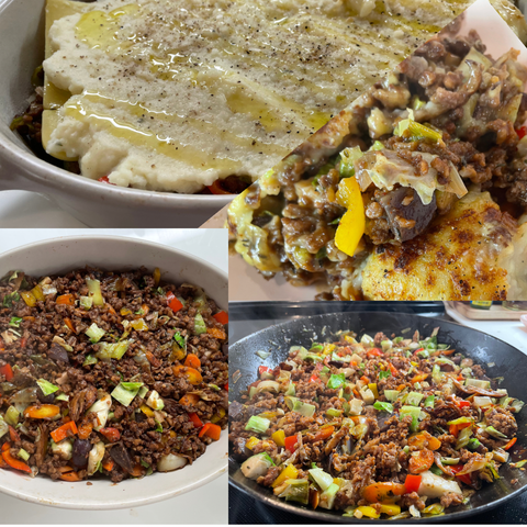 Collage of the steps to make vegan cottage pie. Bottom right is the mince being cooked in a pan, bottom left is the mince in a dish, top is the mince covered with cheese and mashed potatoes ready to go in the oven, and mid right is the finished dish in a bowl. The mashed potatoes are spotted golden brown on top and the mince is just off to the side.