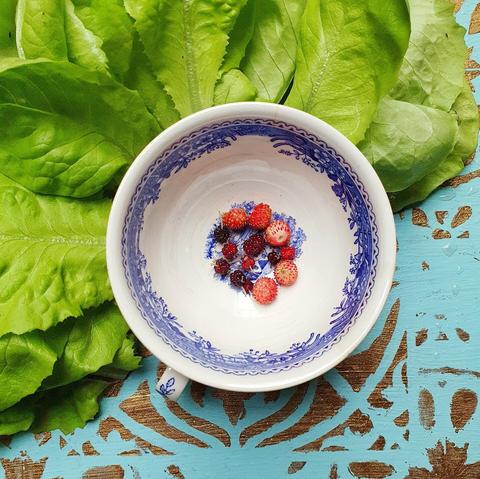 Mintfarbener, handgestrichener Holzhocker mit goldenem, floralen Mustern darauf. Darauf ein Halbkreis aus hellgrünen Salatblättern die eine weiß laue Teetasse umrahmen. Auf dem Tassenboden liegen ein paar kleine Maulbeeren und Walderdbeeren.