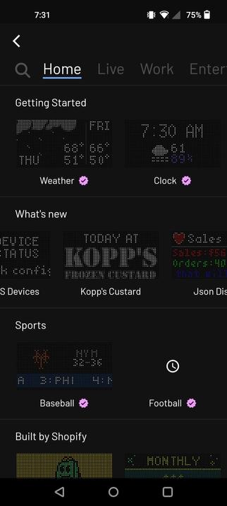 A screenshot of the Tidbyt app selector, with the app "Kopp's Custard" shown in the "What's new" section.