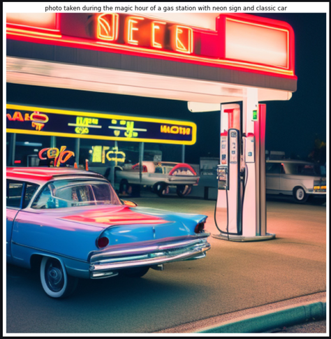 Photo of a gas station and a classic car generated with AI