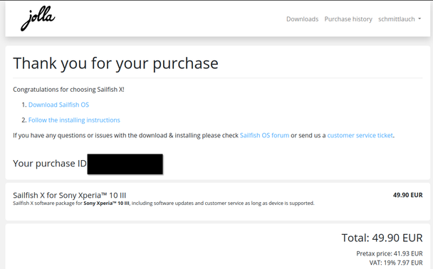 purchase confirmation for an Xperia 10 III SailfishX license, price 49.90€