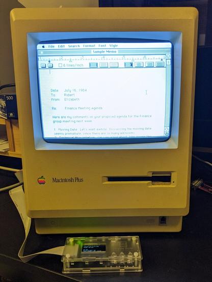 Macintosh Plus booting from SCSI SD, then reading floppy image from Floppy Emu device. Running MacWrite 2.0 from "floppy".
