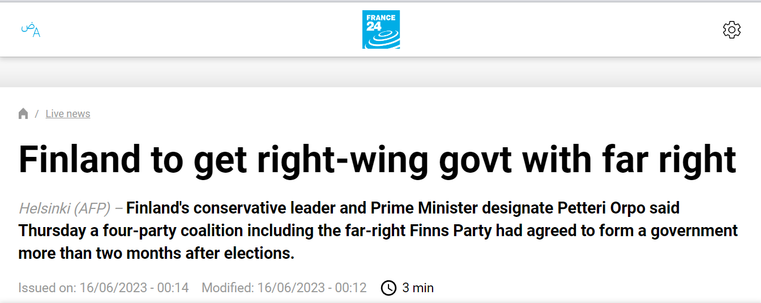 A headline from France 24 saying that Finland to get right-wing government with far-right