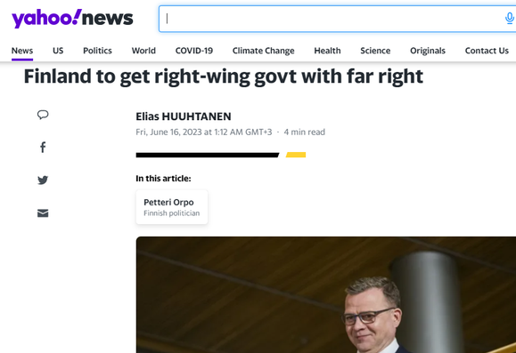 A headline from Yahoo! News saying that Finland to get right-wing government with far-right