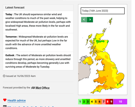Today : The UK should experience similar wind and weather conditions to much of the past week, helping to give widespread Moderate air pollution levels, perhaps with localised High areas, these more likely in the far south and southwest.
Tomorrow : Widespread Moderate air pollution levels are expected for much of the UK, but perhaps Low in the far south with the advance of more unsettled weather conditions.
Outlook : The extent of Moderate air pollution levels should reduce through this period, as more showery and unsettled conditions develop, perhaps becoming generally Low with surviving areas of Moderate by Tuesday.