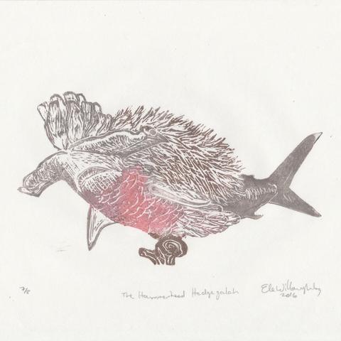As described, the HammerheadHedgeGalah is an imaginary composite creature made of parts from the hammerhead shark, hedgehog and galah (or rose-breasted) cockatoo. I handprinted it on Japanese washi paper, 9" x 11" (22.9 cm x 27.9 cm) in silver, brown and pink. The creature has a head like a hammerhead with the crest of a galah, a pink feathered galah abdomen and brown feet perched on a branch, silver hedgehog quills on its back and a shark tail.