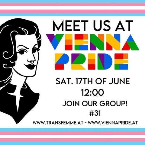 A square picture wirh borders on top and bottom in transgender flag colors, on the left side is the trans femme fatale logo and mid to right is the text 'Meet us at Vienna Pride. Sat. 17th of june 12:00. join our geoup' #31 www.transfemme.at - www.viennapride.at