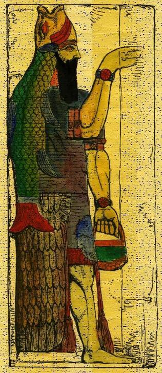 Priest of Dagon wearing a fish-shapes headdress.