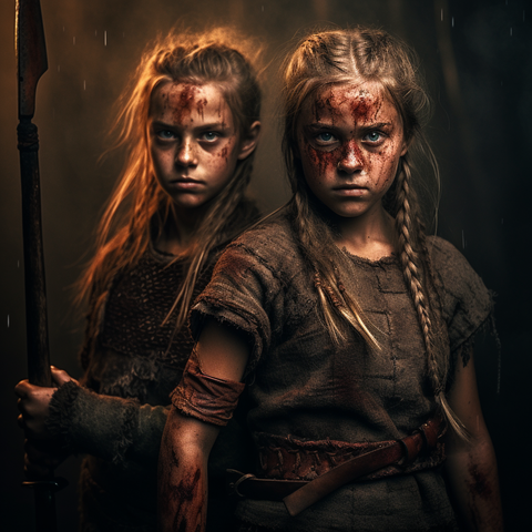 KI-generiertes Bild von zwei jungen Wikinger-Kriegerinnen, die blutverschmiert sind.