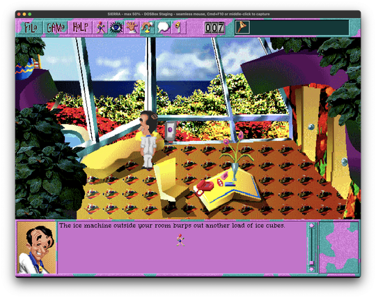Leisure Suit Larry standing in his resort spa hotel room watching outside from a window.