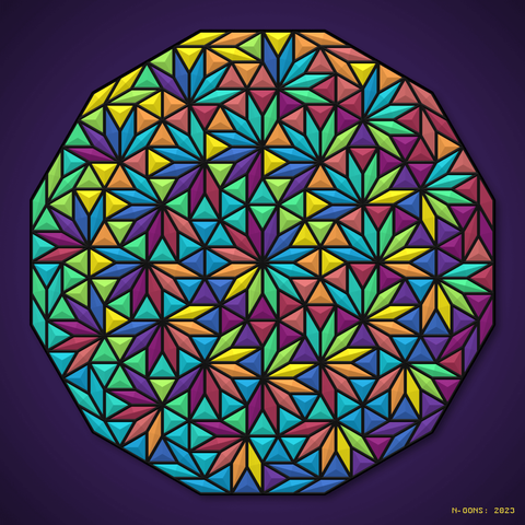 Tiling of triangles and rhombuses in rainbow colours, over purple background