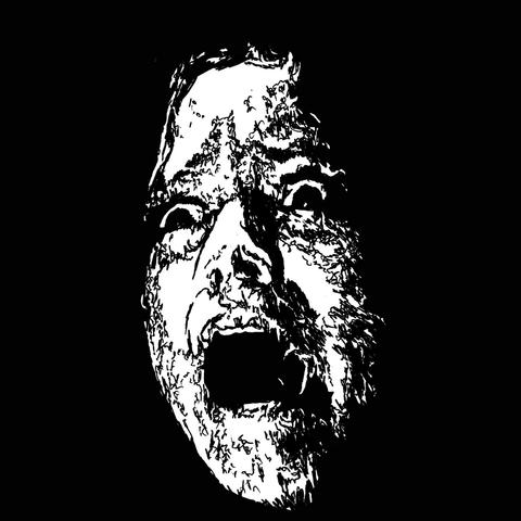 Pen drawing of a young woman screaming in fear drawn on a black background.