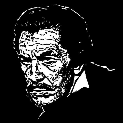 Pen drawing of Vincent Price with a collared shirt drawn on a black background.