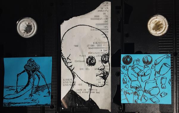 Three pen drawings. The , of a surreal monstrous creature carrying itself on mutant buglike legs drawn on a Blue Post-It note. The second is of an alien creature with glowing eyes and finalize ears drawn on a torn receipt. The 5hird is oftwo marble-esque human figures blown apart and floating drawn on a blue Post-It note.