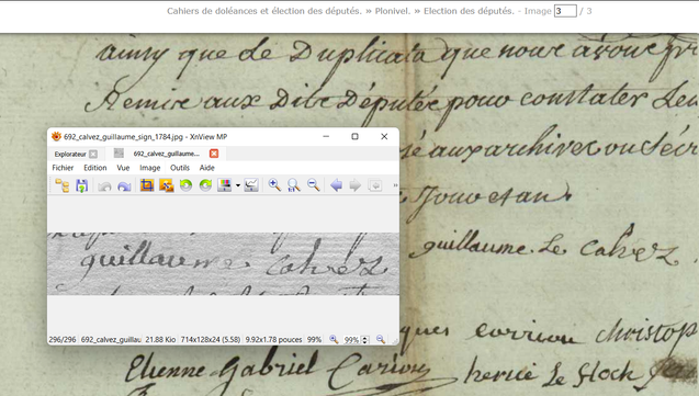 Comparaison entre la signature de Guillaume Le Calvez sur son acte de mariage (1784) et au bas du procès-verbal d'élection des délégués du tiers-état de Plonivel (1789)