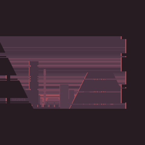 A pixel art drawing of a future dystopian city top: high skyscrapers, huge pyramid buildings. Only shapes are visible, since the sky is dark/polluted. There is a rim light on a left edge of buildings. The overall mood is depressing.