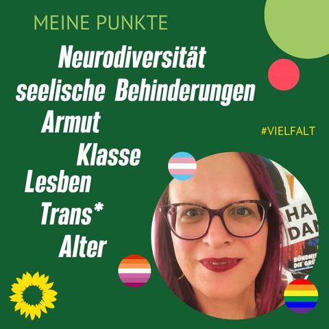 meine Punkte: #NeuroDiversität #seelischeBehinderung 
#Armut #Klasse #Lesben #trans #Alter
