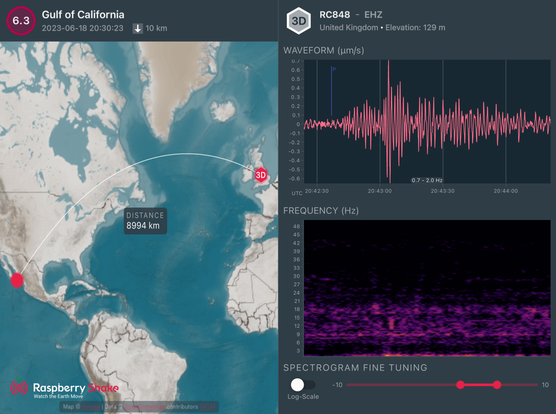 Earthquake diagrams. 
Map of wavepath from source to receiver, seismogram of vertical component of ground motion velocity and spectrogram showing frequency content against time. 
M6.3 Gulf of California earthquake 2023/06/18