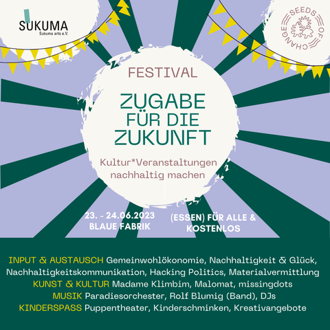 Ein Flyer für das Festival "Zugabe für die Zukunft" von dem Sukuma arts e.V. und dem Projekt "Seeds of Change".
Findet diesen Freitag bis Samstag statt. 23. - 24.06.2023 in der Blauen Fabrik - Dresden. Eintritt Frei und es gibt leckeres Essen, ebenfalls kostenlos.