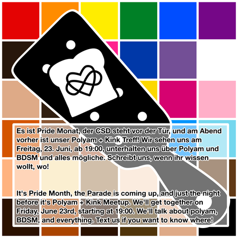 Das Kitchen Table Logo, ein Paddle mit Infinity Heart vor einem Hintergrund aus farbigen Quadraten in verschiedenen Pride-Farben und verschiedenen Hautfarben.
Dazu Text über das nächste Kitchen Table-Event, dieselben Informationen wie in den Toots.