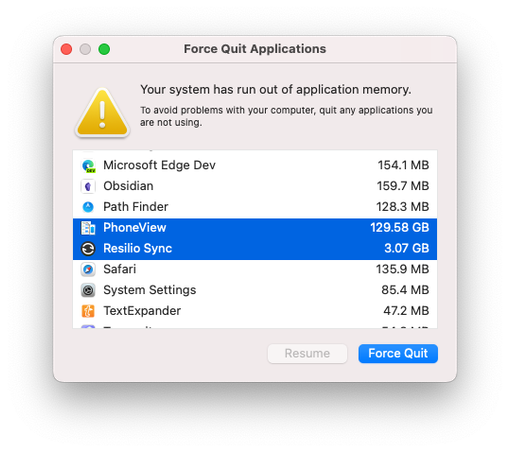 a screen of the ‘Force Quit’ dialog box due to running out of application memory. two selected processes are PhoneView (using 129.56GB of memory not a typo) and Resilio Sync (using 3.07GB)