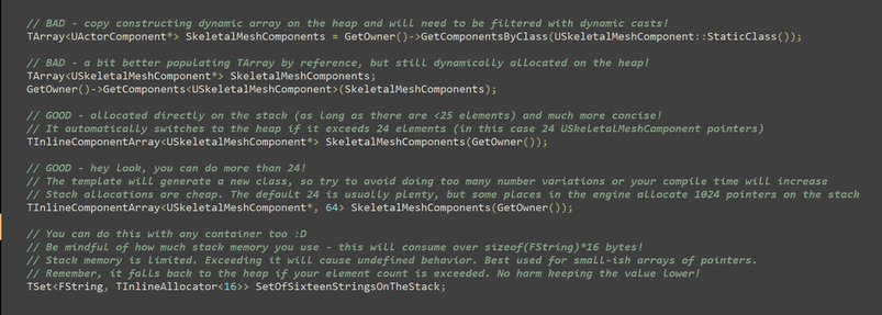 Good/bad examples of using the GetComponents family of functions and how to use TInlineComponentArray and TInlineAllocator. Text of each example can be found in the following posts of this thread.