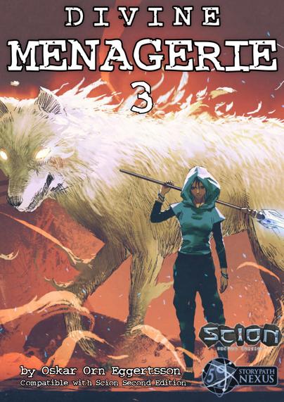 Cover of Divine Menagerie 3: A girl with a magic spear stands with a large, white-furred wolf behind her