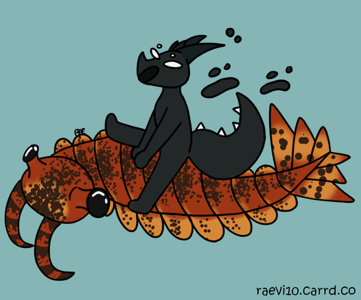 a memy drawing of a black goo/oil dragon riding ontop of a large anomalocaris (prehistoric shrimp creature thing?)