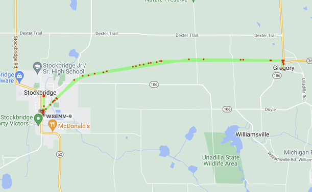 APRSdroid map showing red dots and a green line from Stockbridge, MI to Gregory, MI along the Lakelands Trail State Park.