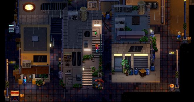 Nintendo Switch pixel-art screenshot showing some futuristic housing with the game's main character on the steps in front of her apartment. She is wearing a  red jacket and blue cut-off jeans. A few other characters are dotted around the neighbourhood.