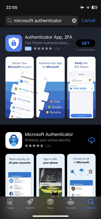 Screenshot of the App Store showing the search results for "Microsoft Authenticator". The top hit is an ad for the rogue app that steals secrets. The ad card is crafted to look as if it was an app developed my Microsoft. The screenshots include these titles:

Secure Your Microsoft Account
Authenticator App for Microsoft