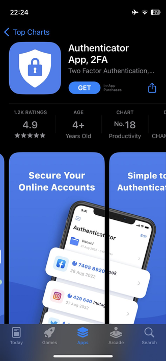 Screenshot of the product page of the rogue app on the App Store. The app screenshots are different from the ones that appear in the ad. The screenshots say "Secure Your Online Accounts" instead of the deceitful title that appeared in the ad, "Secure Your Microsoft Account"