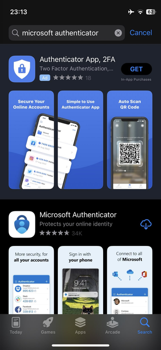 Screenshot taken about 4 months ago of the App Store showing the rogue app as the top search result when searching for "microsoft authenticator". The ad card doesn't highlight the word "Microsoft"