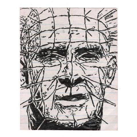 Pen drawing of Doug Bradley ad a demon-esque monster drawn on a torn notebook page.